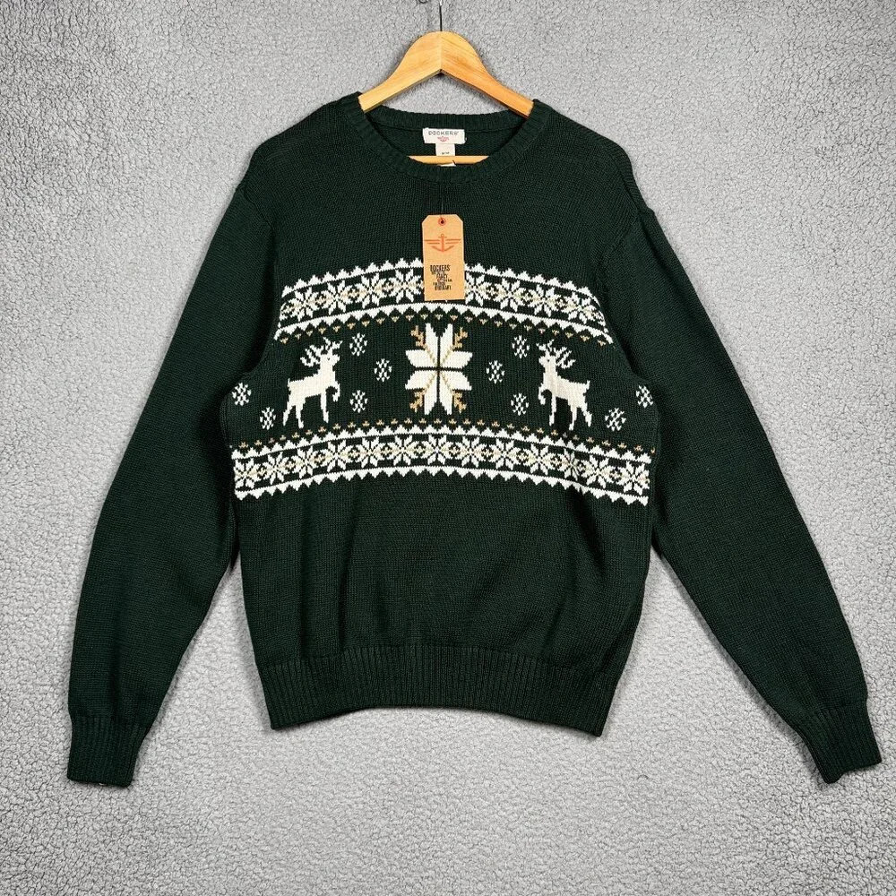 Dockers Sweater Mens Size Medium‎ Deep Green Fair Isle Holiday Elk Heavyweight